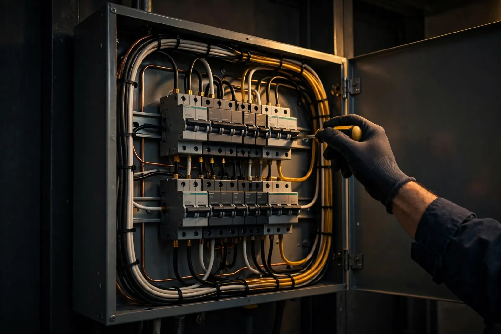 A gloved hand working inside a new breaker panel